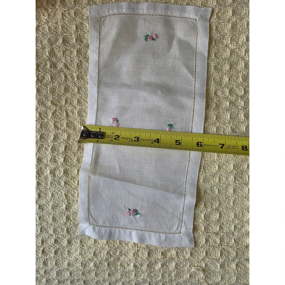 Vintage White Linen Dresser Scarf Hemstitch Pink Floral Hand Embroidered 6x11.5